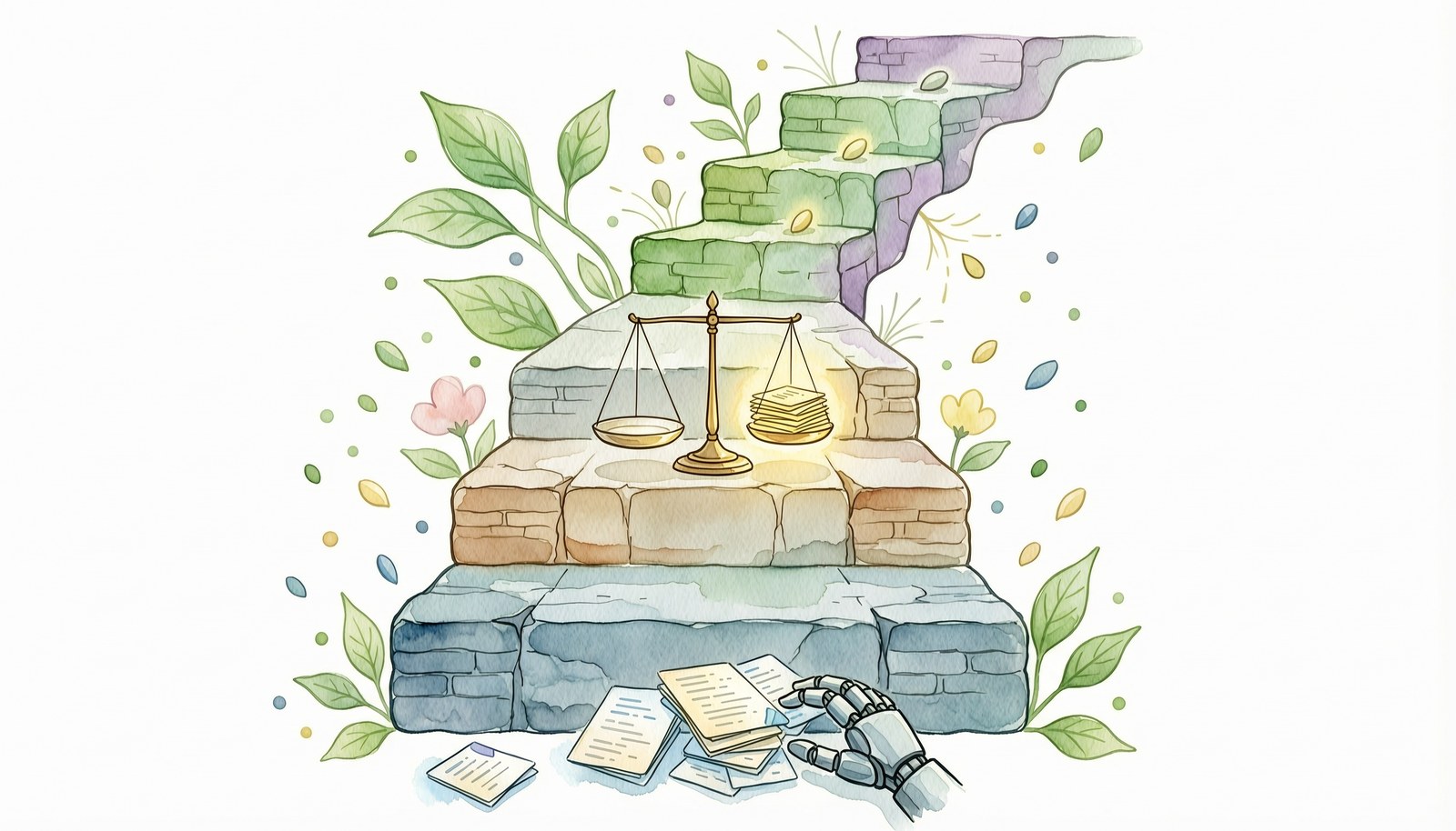 三级向上的石阶:第一级是机械手在码放代码卡片,第二级是一架天平在称量一叠发光的提案,第三级的台阶正在自己长出新的台阶