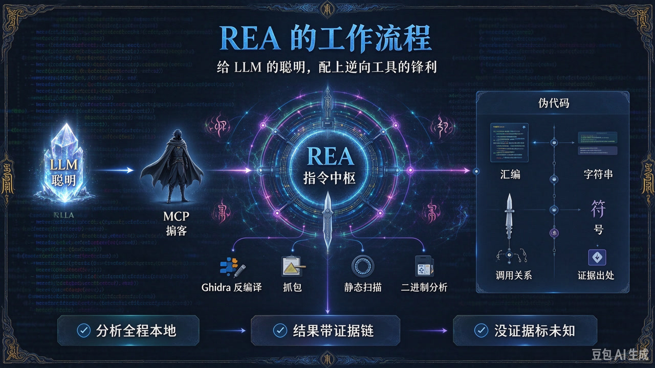 REA 工作流程:Agent 通过 MCP 调 REA,REA 用本地逆向工具拆解二进制,把证据链交回 Agent
